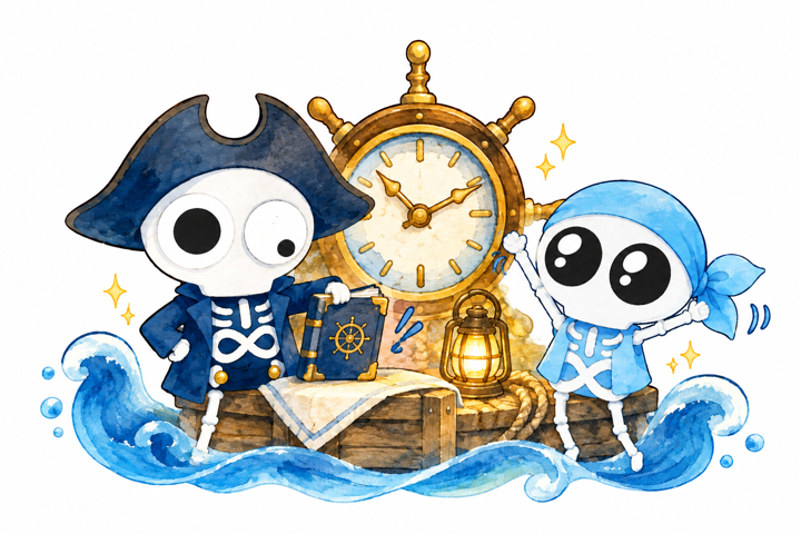 スカロとアビーが船時計の前で仕事を終える水彩イラスト